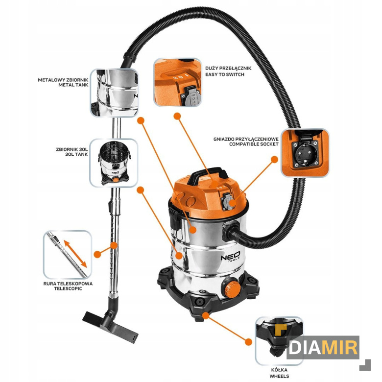 Diawash&ノエマ ODKURZACZ przemysłowy 1400W 30L NA SUCHO I MOKRO budowlany